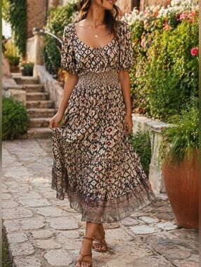 NWT Enkay Boho Geometric Smocked Milkmaid Midi Dress Puff Sleeve Cottagecore